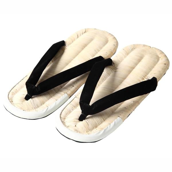 「商品情報」江戸てんから販売の、白細よりも少し幅が広く定番のタイヤ黒雪駄。  本物のタイヤを使用しておりますのでタイヤの匂いがします。   鼻緒の色が黒、唐黍草履、手編み、手縫いの日本製です。  【サイズ】M・L・LL   サイズ：M　長さ...