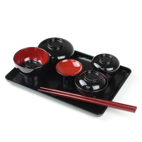 仏器膳 長角 仏膳セット 黒内朱 木目調盆 （お椀：食洗機対応