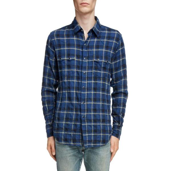 注目の Laurent サンローラン Classic シャツ トップス Fit Check Saint Shirt Check シャツ Western Blue イヴ メンズ Classic And Yellow Checks Dp3 Ffac6fd5 フェルマート エフ Fermart Ef