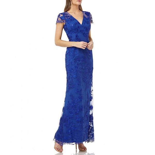 カルメンマークボルボ ワンピース ドレス Carmen Carmen Marc Valvo レディース パーティードレス ワンピース ドレス パーティードレス V Neck Cobalt Cap Sleeve Fleurette エフ Sl Ffb フェルマート Gown Fermart Ef 特価セールコーナー