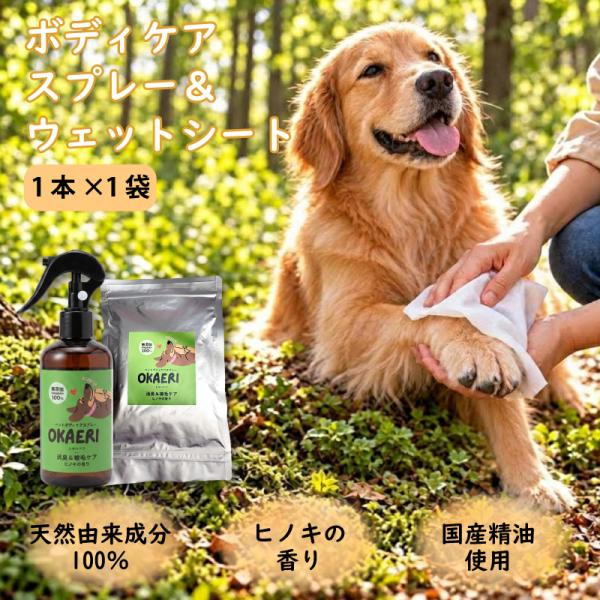 セット OKAERI ペットボディケアスプレー 250ml ＋ ウェットシート ヒノキの香り 1袋 × 8枚入り 消臭 被毛 ケア 無添加 天然由来成分100％ トキハナツ 産直