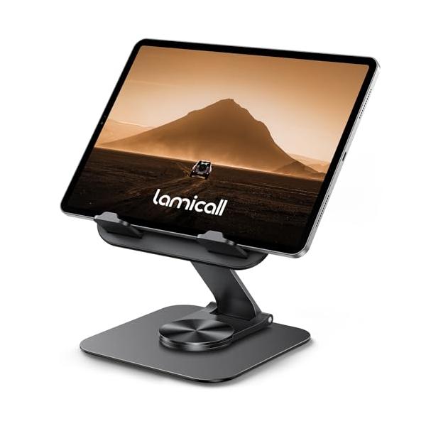 15mm薄く収納Lamicall タブレット スタンド : 360度回転ベース ipad スタンド 折りたたみ 18mm厚さに対応 アルミニウ