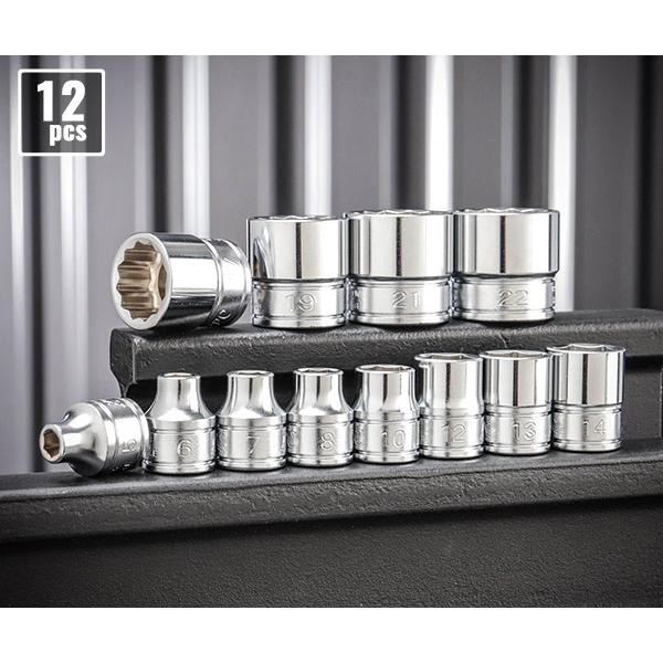 9.5sq. 六角・十二角ソケット 12個セットです。小さいサイズには高いトルクをしっかり伝える六角ソケット、大きいサイズには狭い場所でも使いやすい十二角ソケットを採用した、エヒメマシンオリジナルセットです。自動車整備からDIYまで、幅広い...