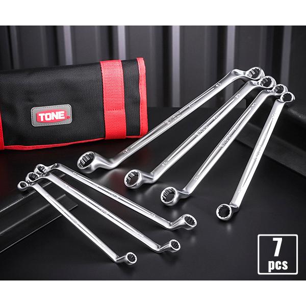 ヘッド部は75度の角度でオフセットしているため障害物を避けての作業が容易です。7本セットです。用途：ボルト・ナットの締付け・緩め作業用。【仕様】セット内容(mm)：M75-0810、1012、1113、1214、1417、1618、1921...