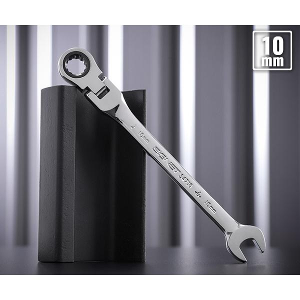 首振り式のヘッドを採用し、自由なオフセット角での作業が可能。ボディーサイドは滑り止め加工済み。ミラー仕上げ。【仕様】ギア数：72サイズ(mm)：10全長(L；mm)：159スパナ部幅(B；mm)：22.7メガネ部幅(D；mm)：22.1スパ...