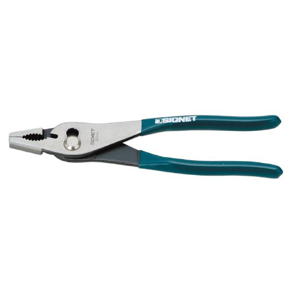 剛性感が高く、番線の切断も可能なワイヤーカッタ−を備えるスリップジョイントプライヤー。【仕様】全長(mm)：200口開き幅(mm)：90メーカー名：SIGNET（シグネット）メーカー品番：90042商品名：90042 スリップジョイントプラ...