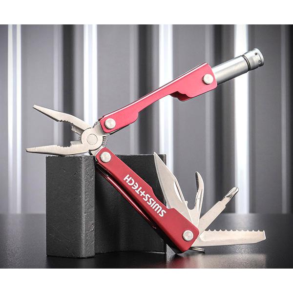 折畳みマルチツール 8-IN-1 ステンレス製  赤色酸化コーティングを施していて、コンパクトに折りたためるデザインです 先端部をひねるとライトが点灯します  ・ニードルノーズプライヤー ・プラスドライバー ・ナイフ ・波刃ナイフ ・ワイヤ...