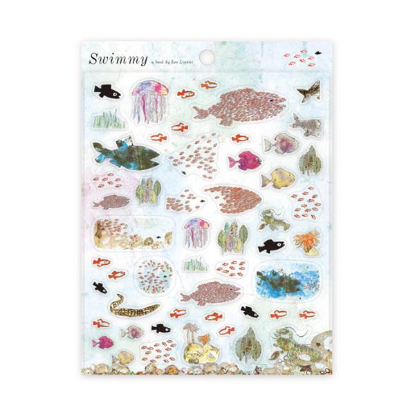 世界中で愛される、レオ・レオニの人気絵本『スイミー 小さなかしこいさかなのはなし』のシールです。大判のシートシールで、いろいろな大きさのシールが入っているので、手帳や小物など、貼る場所に合わせて選ぶことができます。【サイズ】シールシート：1...