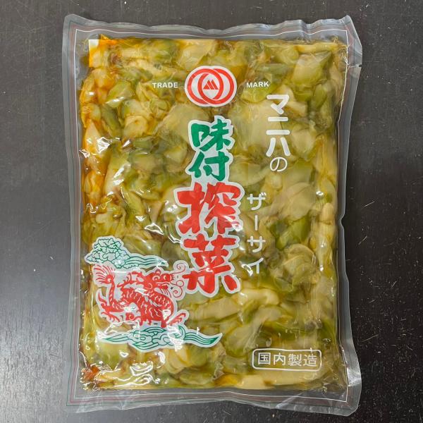 原材料：ザーサイ（原産地：中国）、漬け原材料（還元水飴、アミノ酸液、胡麻油、食塩、ラー油、植物油）、調味料（アミノ酸等）、塩化Ca、酸味料、保存料（ソルビン酸K）、（一部に大豆、ごまを含む）保存方法：直射日光高温多湿を避け、常温で保存してく...