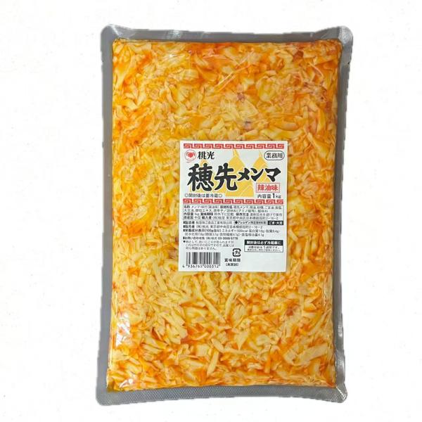 内容量：1000g原材料：メンマ(穂先)、辣油、砂糖、ごま油、食塩、大豆油、酵母エキス、唐辛子/調味料、(アミノ酸等)、酸味料