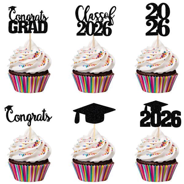 24個 ブラック グリッター Congrats Grad Class of 2021 卒業式カップケーキトッパー - 2021 卒業パーティーデコレー