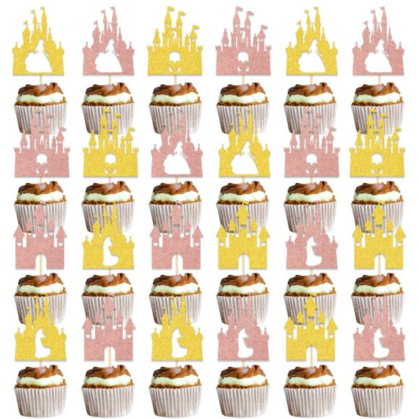 24個 キャッスルハッピーバースデーカップケーキトッパー、キャッスルプリンセスクケーキトッパーデコレーション、プリンセステーマベビーシャワーデコレーシ