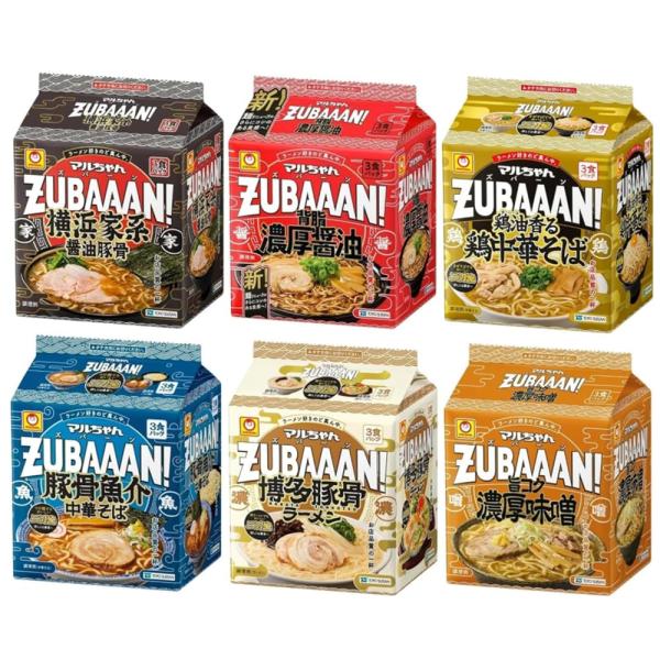 ZUBAAAN! 3食パック 6種6袋アソート (横浜家系醤油、背脂濃厚醤油、旨コク濃厚味噌、 鶏油香る鶏中華そば 、豚骨魚介中華そば、博多豚骨）各1