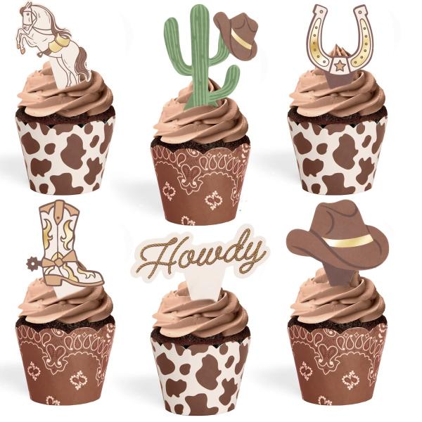 xo, Fetti ウエスタンカップケーキライナー+トッパー - 24個セット | ロデオ バースデーケーキデコレーション Hoedown 独身 フー