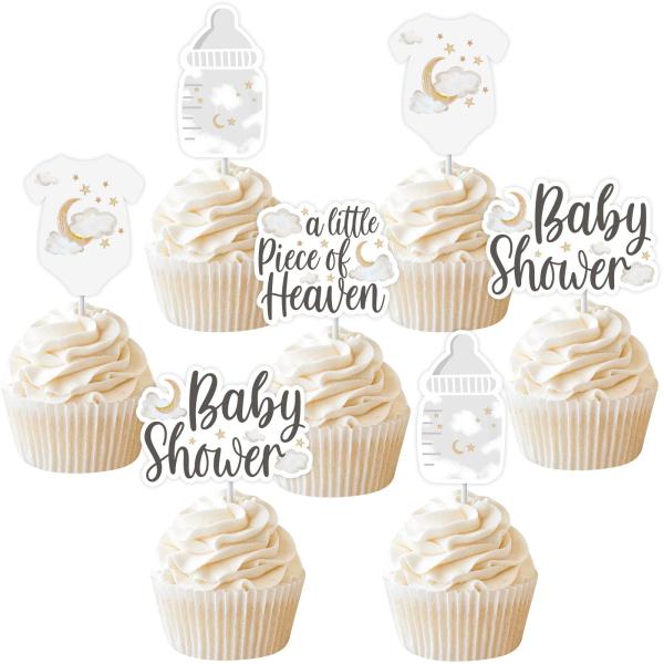 Sursurprise 24個 ホワイト A Little piece of Heaven カップケーキトッパー、ベビーシャワーカップケーキピックデコ