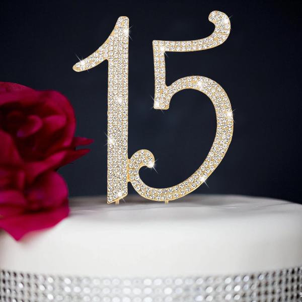 CIEHER 15歳の誕生日ケーキトッパー メタルラインストーン プレミアム 15歳の誕生日ケーキトッパー ハッピー15歳の誕生日パーティーに乾杯 ゴ