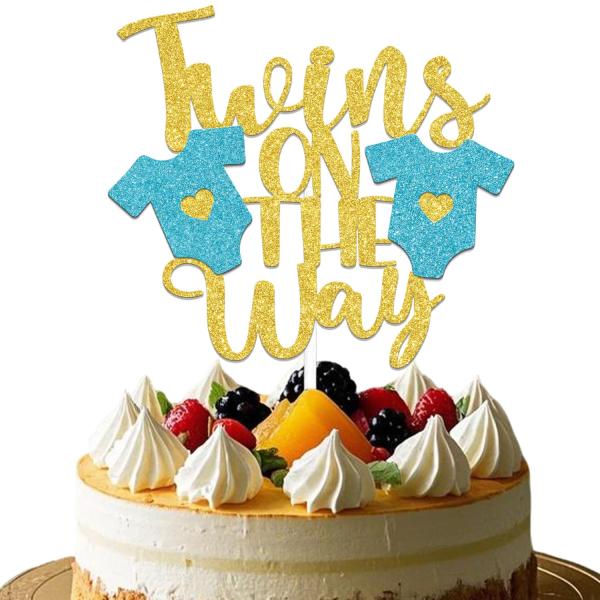 グリッターツインズオンザウェイケーキトッパー、ツインベビーシャワーパーティーケーキデコレーション、Twice Blessed、Due With Two