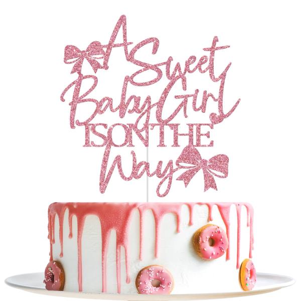 A Sweet Baby Girl is On The Way ケーキトッパー、ボウベビーシャワーケーキトッパー、ウェルカムベイビーガール、リボンテー