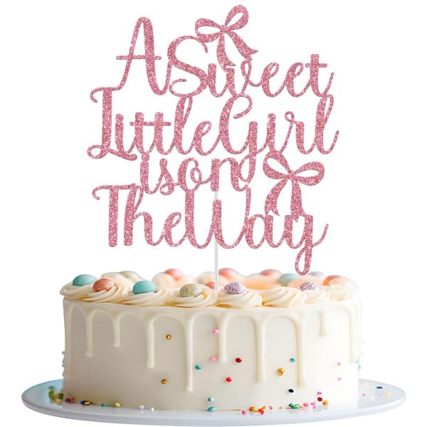 A Sweet Little Girl is On The Way ケーキトッパー、ピンクボウベビーシャワーケーキデコレーション、ウェルカムベイビーガ