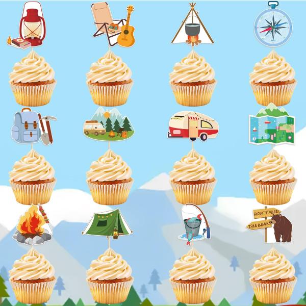 Adecortalk キャンパー カップケーキトッパー キャンプ 誕生日 デコレーション アドベンチャー アウトドア キャンパー カップケーキピック