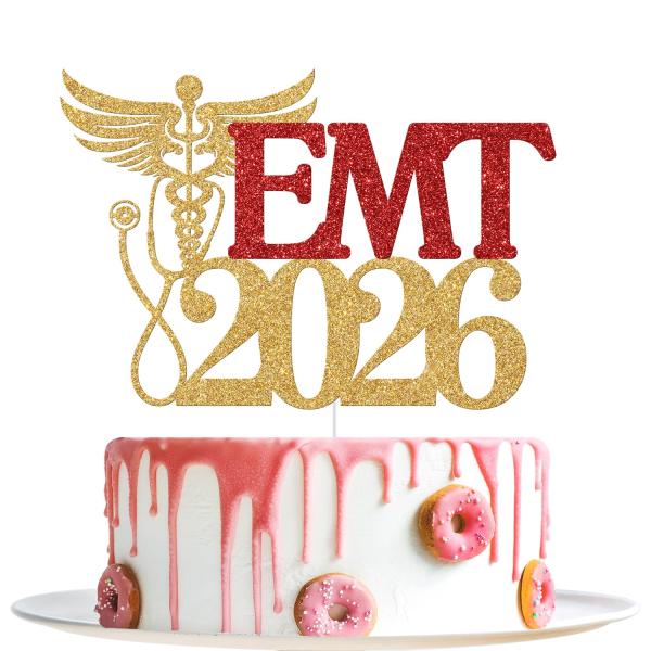 EMT 2026 ケーキトッパー、EMT卒業装飾、看護学校の生存者、看護師、おめでとう、2026 医療看護学校卒業パーティーデコレーション(ゴールドと