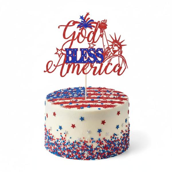 Kaoenla God Bless America ケーキトッパー、レッドブルーグリッター 愛国心が強い7月4日、アメリカ独立記念日 メモリアルデー