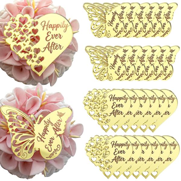 AIQI BAKES Happily Ever After アクリルカップケーキトッパー、ゴールドミラー、バタフライとハートデザイン、24ピース、結婚