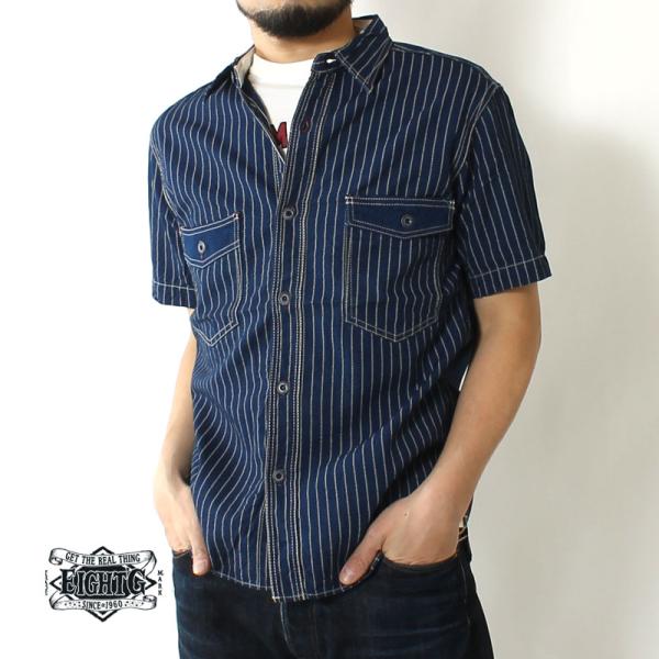 40s 50s 半袖シャツ ホワイトカラー　ストライプ eightg_8ss-19