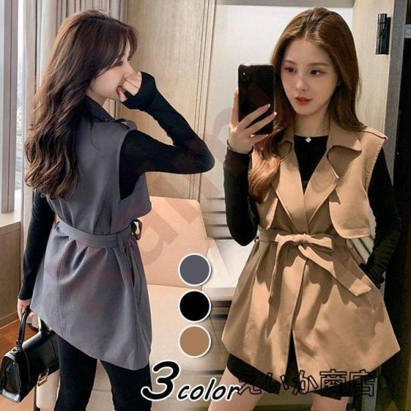 ベスト トレンチコート レディース 40代 ミディアム丈スーツジャケット ノースリープ スプリングコート カーキ アウター 秋服 韓国風 ベスト 30代 50代 オシャレ 全国総量無料で