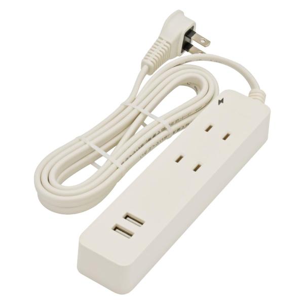 オーム電機 2個口タップ 雷ガード/USBポート付き 2m HS-TKU22W22 00-1656