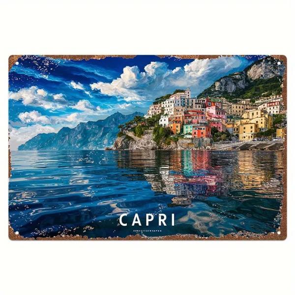 イタリア　カプリ島　景色　ブリキ看板  雑貨　都市建築風景   ★レトロ調★/飾り/バー/レストラン/カフェ/喫茶店/20cm*30cm