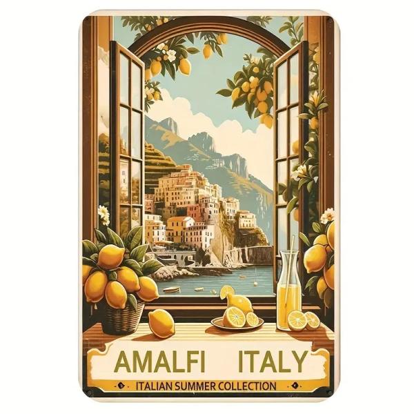 イタリア　アマルフィ 　ブリキ看板  雑貨　都市建築風景   ★レトロ調★/飾り/バー/レストラン/カフェ/喫茶店/20cm*30cm