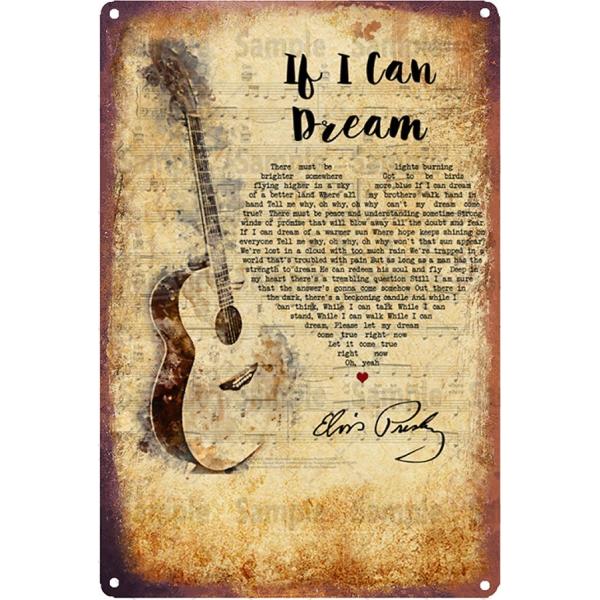 エルヴィス・プレスリー ギターIf I Can Dream 歌詞 英文柄 アメリカ雑貨 壁飾り インテリア レトロ調 ブリキ看板/飾り/バー/レストラン/カフェ 20x30cm