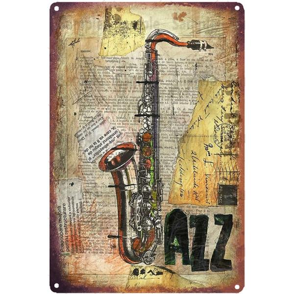 jazz ジャズ  sax サクソ音楽　英文柄  アメリカ雑貨　壁飾り　インテリア　レトロ調  ブリキ看板/飾り/バー/レストラン/カフェ  20x30cm