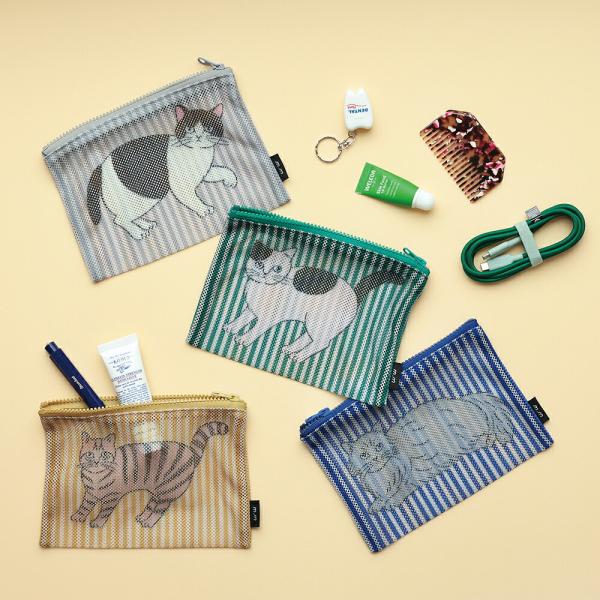 松尾ミユキ Stripe Mesh flat pouchストライプ メッシュ フラット ポーチ Purse おしゃれ かわいい 猫 ねこ ネコ メイク ケース 収納 小物【yp】