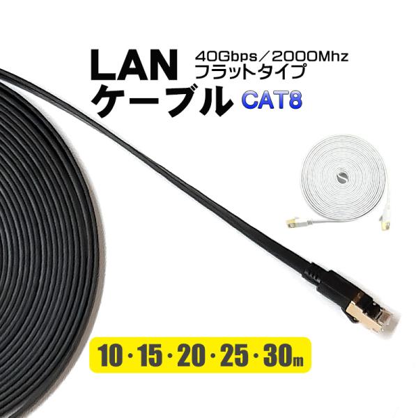 薄型フラットLANケーブル 10m カテゴリー8 3mm厚 ゴールドメッキ ゲーム機 cat8 ランケーブル ブラック ホワイト 送料無料