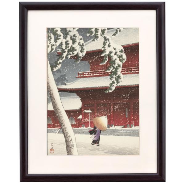 徳川家の菩提寺として隆盛した寺。雪の白と建物の赤の対比が目に鮮やかで構図も大胆。■ 川瀬巴水［略歴］明治16（1883）年、東京市芝区（現港区新橋五丁目）生まれ。25歳の時に鏑木清方の門をたたく。最初は年齢を理由に入門を断られたが、再度清方...