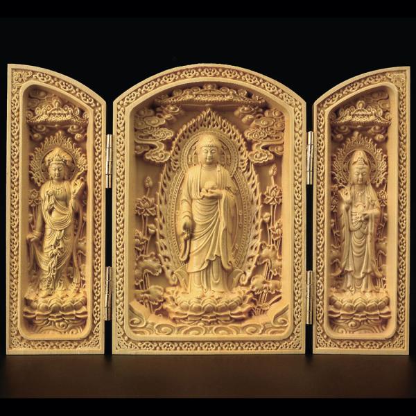 黄楊彫刻 お守り阿弥陀三尊 木彫り 仏像 - アートの友社
