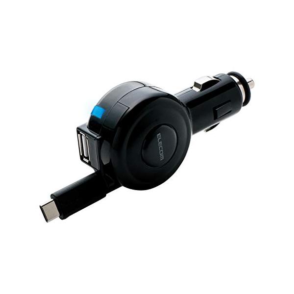 カラー：ブラックスタイル：3.0A出力USB Type-Cコネクタに対応。 巻取り式のUSB Type-Cコネクタと、おまかせ充電に対応したUSBポートを搭載し、2台のスマホを同時に充電できる車載充電器。自動車のアクセサリソケットに接続する...