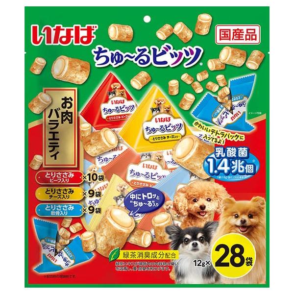 外はふっくら、中はトロッとちゅ〜る入りで２つの食感が楽しめます。乳酸菌1.4兆個（1袋あたり500億個）配合で、わんちゃんの健康を維持し、お腹の調子を保ちます。3つの味が楽しめるバラエティパック。