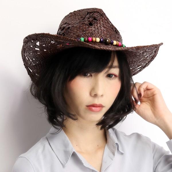 麦わら帽子 ビーズアクセサリー 天然草 帽子 カウボーイ テンガロン