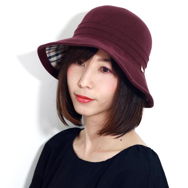 レディース ハット DAKS 春 夏 日よけ UV対策 手洗い可 日本製 UVカット チェック ダックス 女性用 サマーニット 日本製 ワイン
