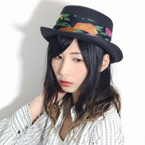 カンカン帽 レディース アロハ柄 ハット トロピカル 柄 個性的 帽子 カラフル ペーパーハット 女子会 ホームパーティー 黒 レディース ブラック