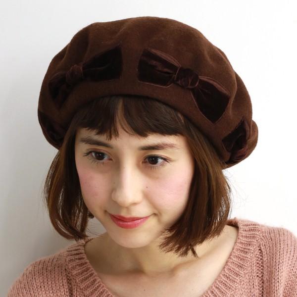 バラ色の帽子　リボン付き黒ウールベレー帽　新品 Barairo no Boushi レディース ベレー帽 リボンリボンリボンベレー