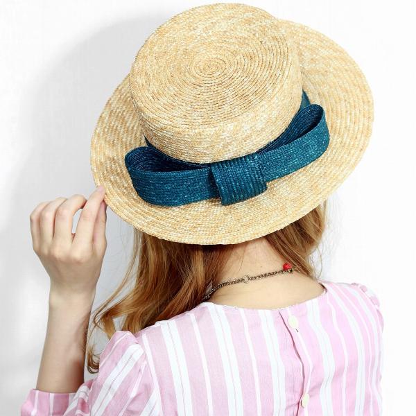 麦わら帽子 リボン 可愛い 麦わら ハット  共麦リボンキャノチェ バラ色の帽子 キャノチェ レディース 帽子 春 夏 カンカン帽 Barairo no Boushi 日本製 ブルー