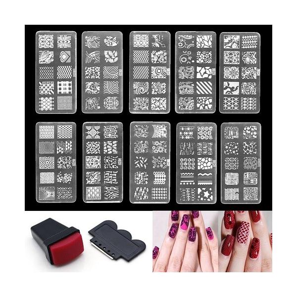 ネイル用品 長方形プレート 3点セット スタンピングネイルセット スタンプ(スタンパー)＋スクレーパー＋プレート1枚 ※お選びいただけません 新品