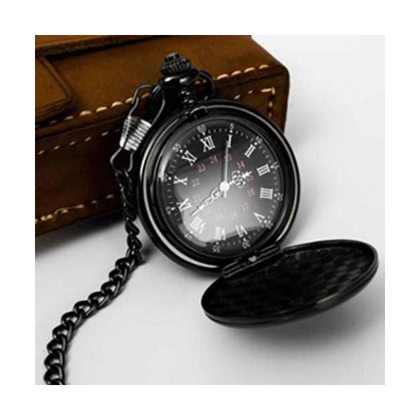 ローマ数字 シンプル 懐中時計 チェーン付き クォーツ アナログ時計 ブラック 新品 送料無料