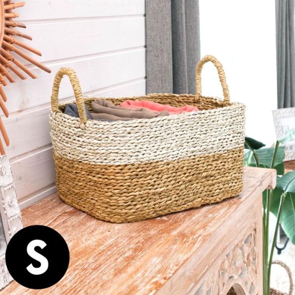 バスケット かご バイカラーバスケット シーグラス 持ち手つき Sサイズ