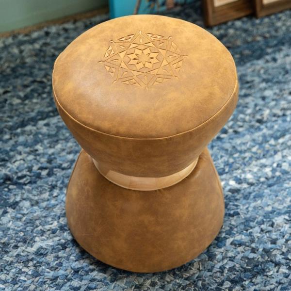 スツール 椅子 丸型 オットマン 足置き 天然木製 合皮レザー キャメル