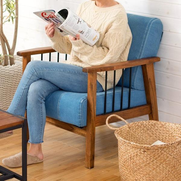 ソファ デニム 一人掛け 1人掛け リビングチェア 木製 単品